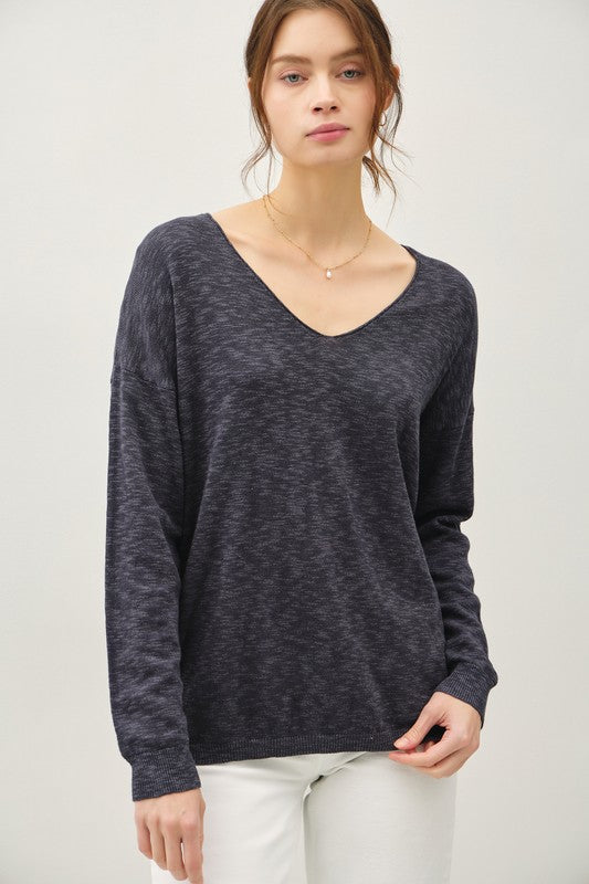 CHARCOAL BLUE V-NECKLINE COTTON SLUB SWEATER