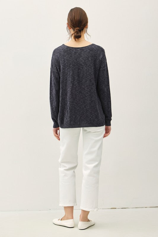 CHARCOAL BLUE V-NECKLINE COTTON SLUB SWEATER