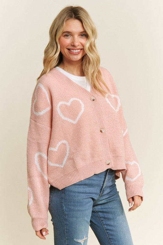 Jaquard Heart Pattern Classic Cardigan