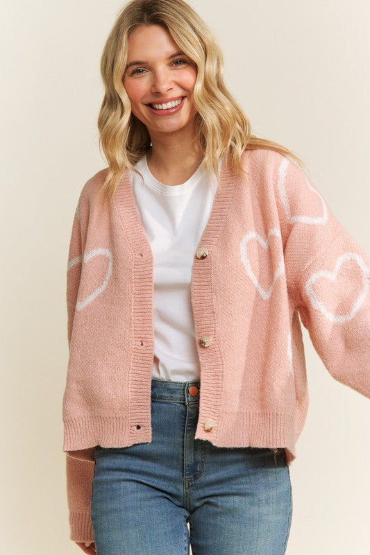 Jaquard Heart Pattern Classic Cardigan