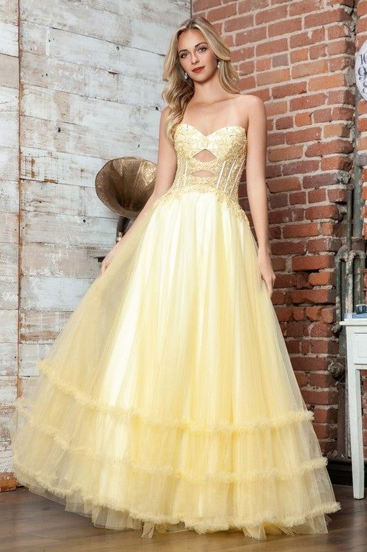 Preview Only - 2026 Yellow Strapless Sweetheart Keyhole Gown🤍