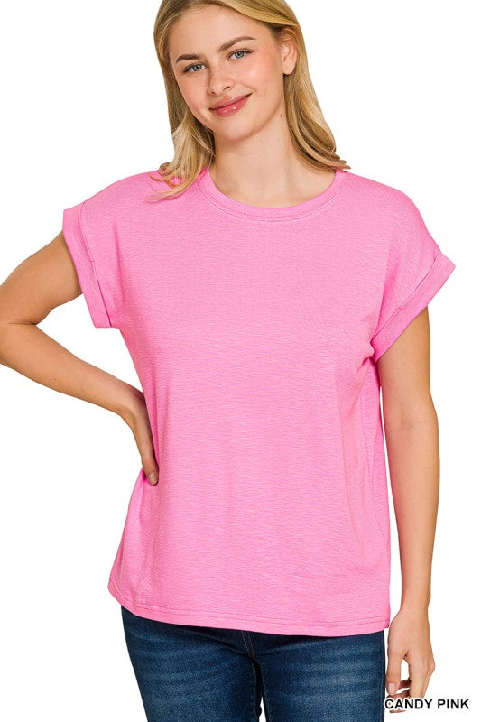 Candy Pink Cotton Rolled Sleeve Tee