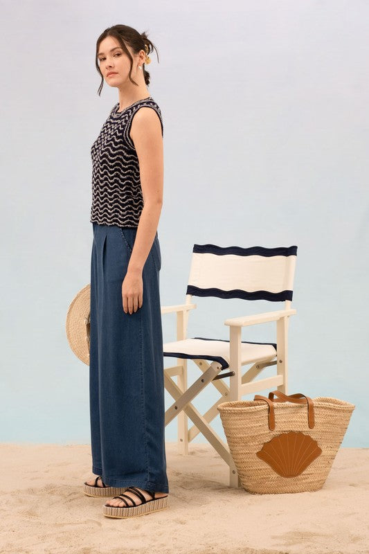 Wavy Navy Sleeveless Knit Sweater