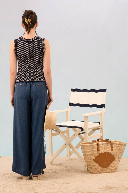 Wavy Navy Sleeveless Knit Sweater