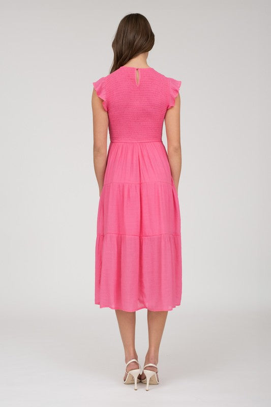 Pink Smocked Tiered Midi Dress-Market Grey Boutique