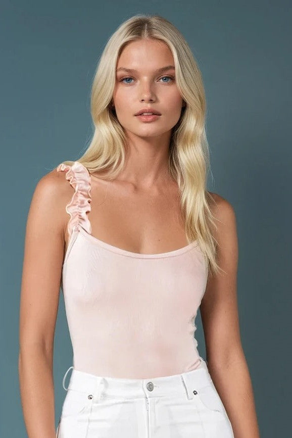 Pale Pink Ruffle Strap Ribbed Bodysuit-Market Grey Boutique