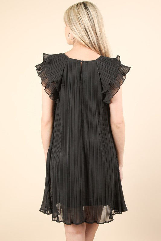 Black Ruffle Sleeve Pleated Woven Mini Dress