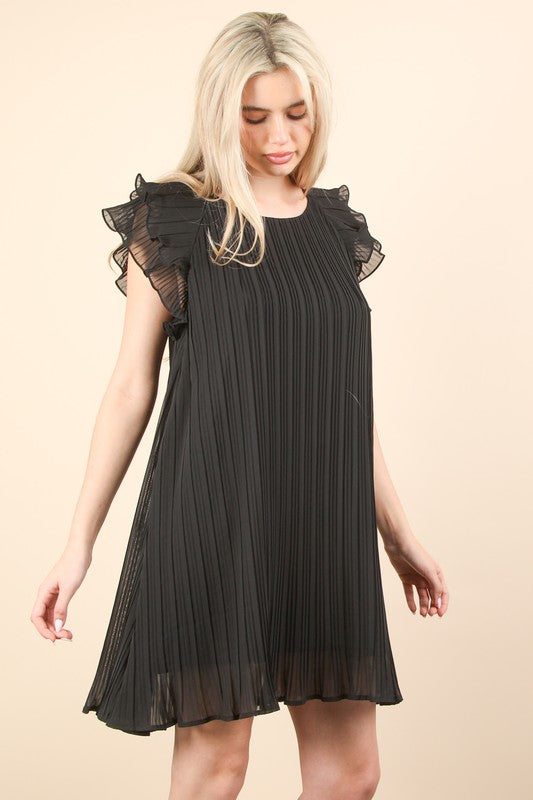 Black Ruffle Sleeve Pleated Woven Mini Dress