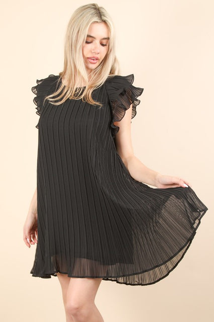 Black Ruffle Sleeve Pleated Woven Mini Dress