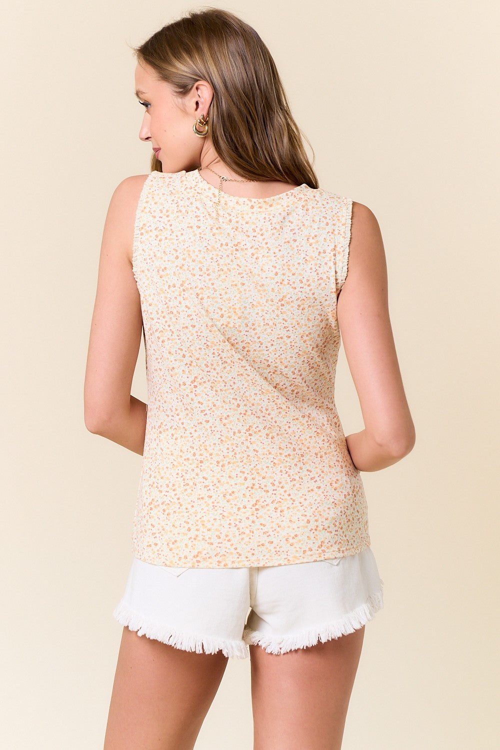 Ivory Floral Ruffle Lace Detail Sleeveless Top