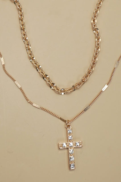 DOUBLE LAYER RHINESTONE CROSS NECKLACE