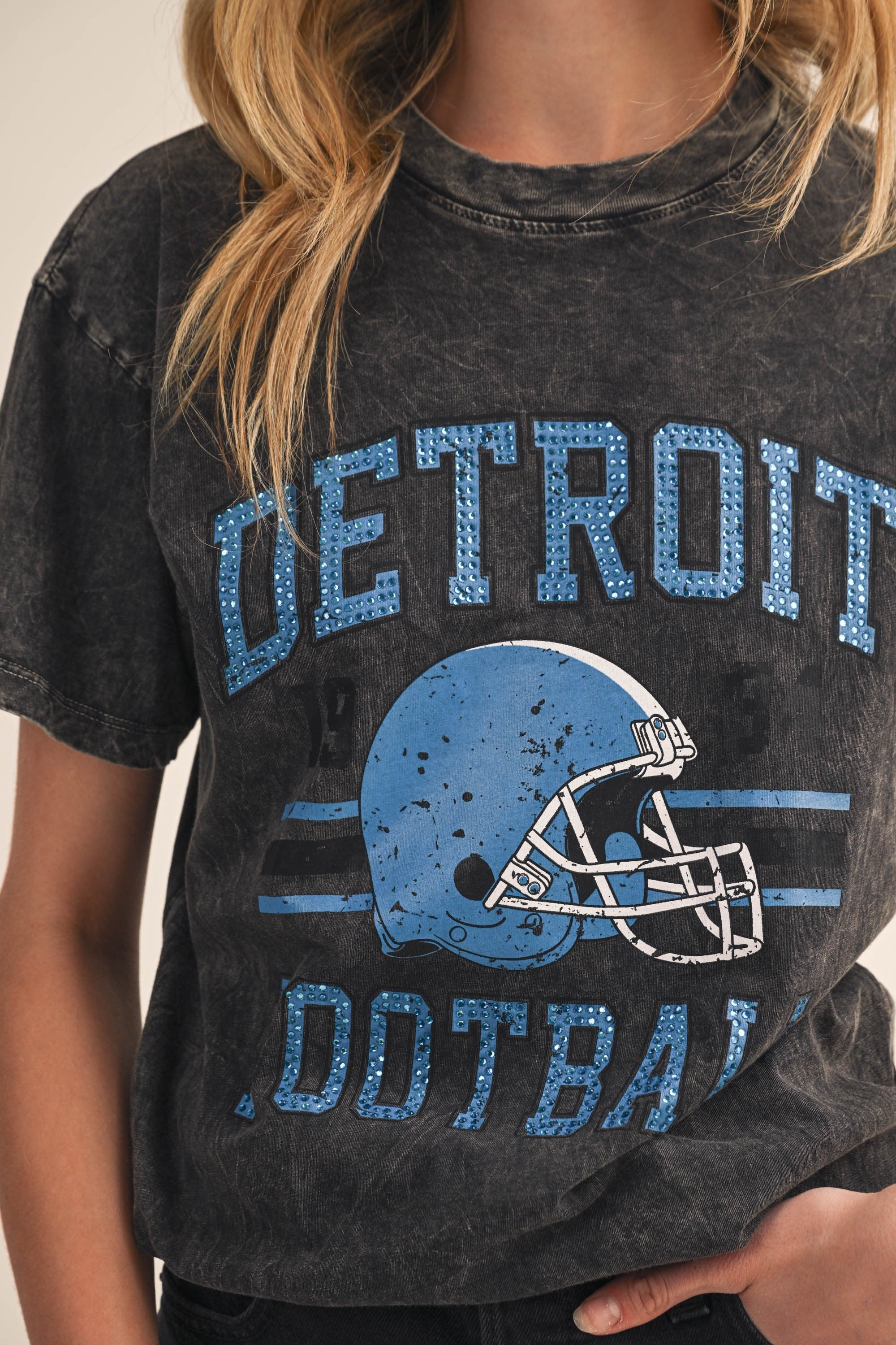 Distressed Detroit Football Jeweled Tee
