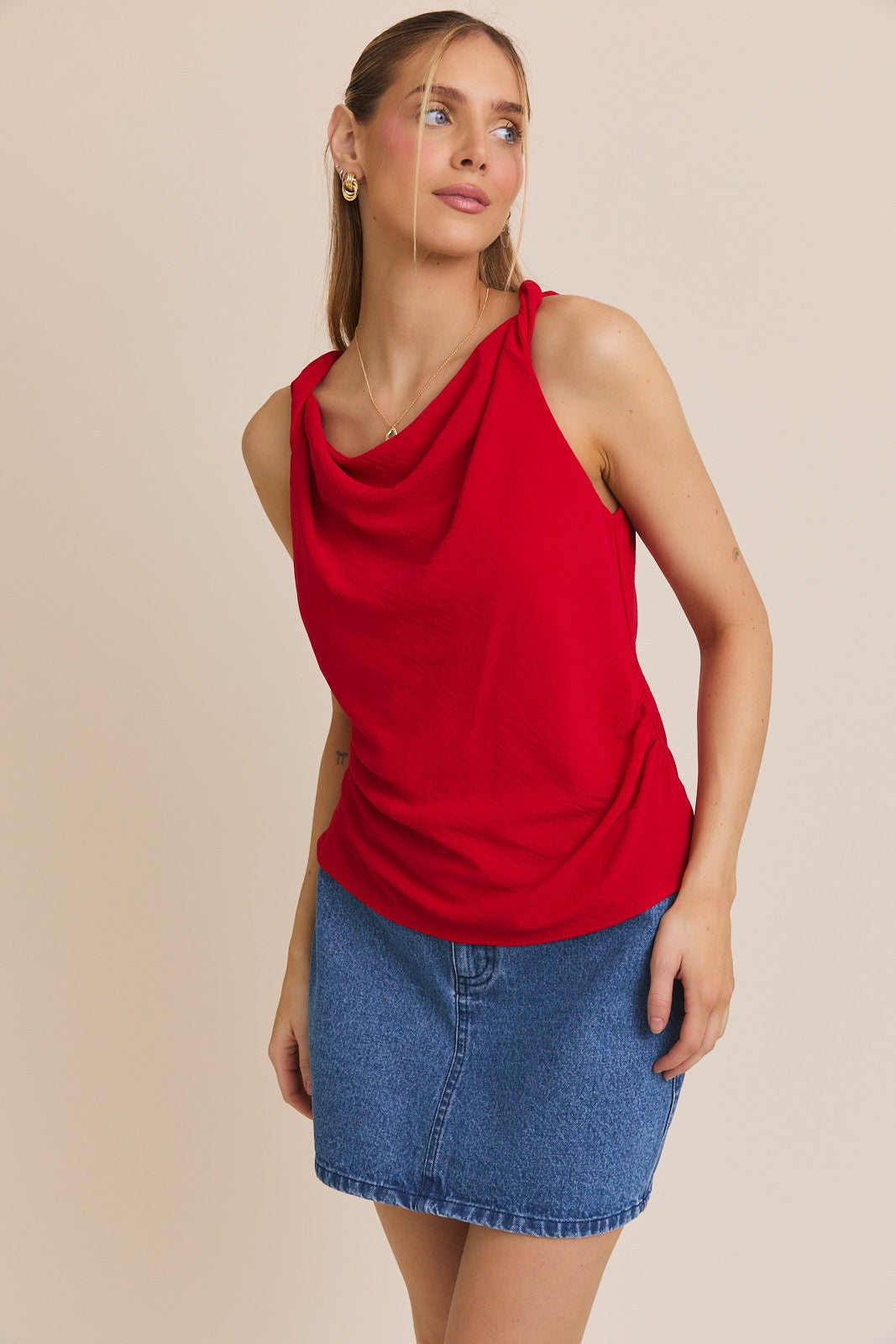 Red Twist it Up Cowl Neck Top-Market Grey Boutique