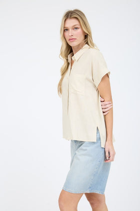 Collared Button Down Roll Sleeve Blouse
