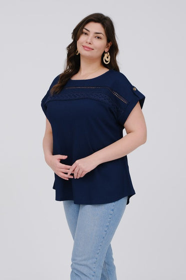 NAVY PLUS LACE TRIM CRINKLE KNIT BLOUSE