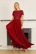 Burgundy Short Sleeve Mother Of The Bride Evening Dress