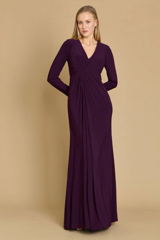 Plum Long Formal Stretch Evening Long Sleeve Dress-Market Grey Boutique