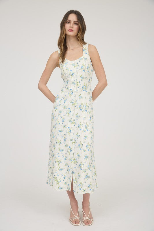 Ivory Floral Sleeveless Midi Dress