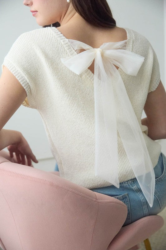 Back Bow Tie Short Sleeve Sweater Top