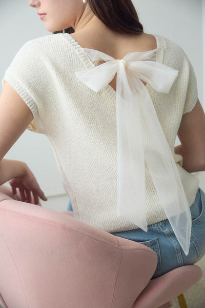 Back Bow Tie Short Sleeve Sweater Top