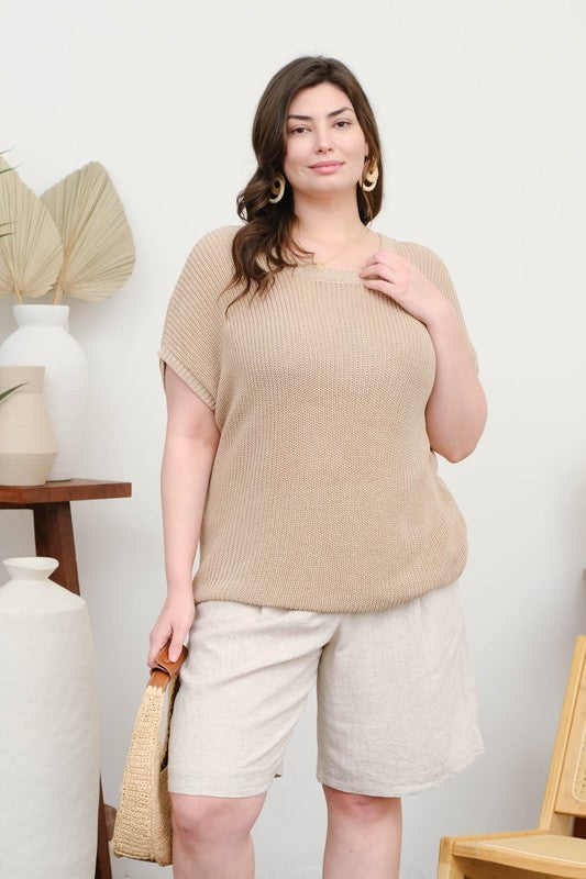 Plus Beige Short Sleeve Sweater Top
