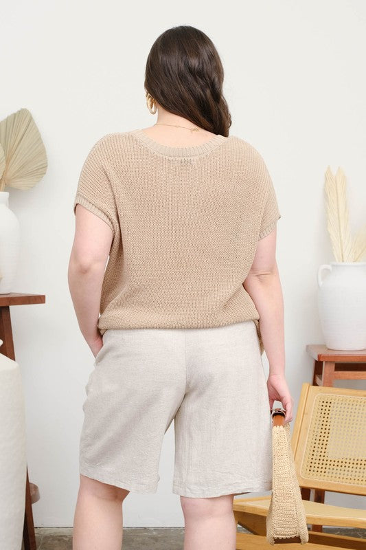 Plus Beige Short Sleeve Sweater Top