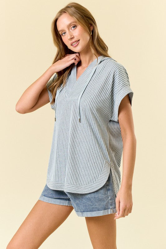 Blue Striped Dolman Hooded Top
