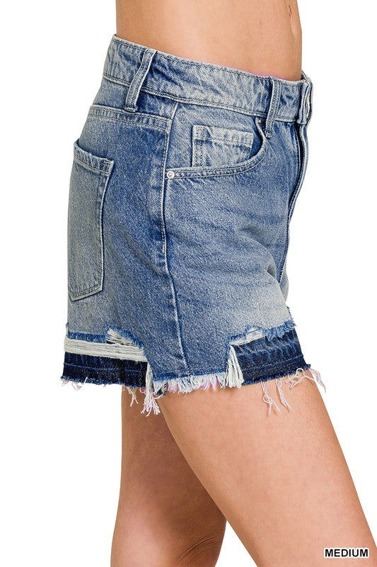 Zenana Distressed Double Hem Denim Shorts-Market Grey Boutique