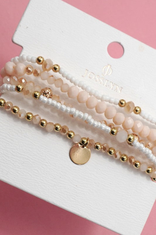 Light Pink Multilayer Beaded Chain Disc Charm Bracelet