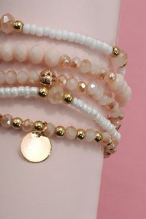 Light Pink Multilayer Beaded Chain Disc Charm Bracelet