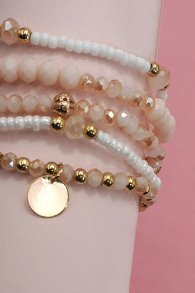 Light Pink Multilayer Beaded Chain Disc Charm Bracelet