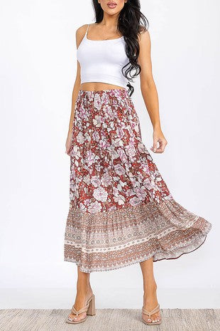 Elastic Waist Ruffle Bottom Hem Floral Maxi Skirt
