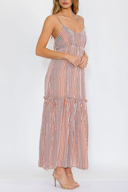 Sleeveless V-neck Elastic Waist Stripes Maxi Dress