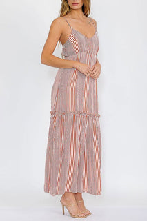 Sleeveless V-neck Elastic Waist Stripes Maxi Dress