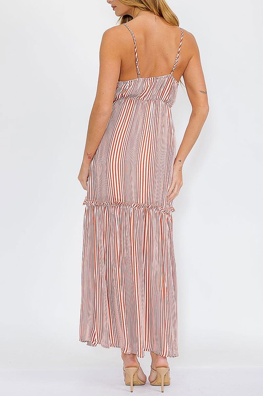 Sleeveless V-neck Elastic Waist Stripes Maxi Dress