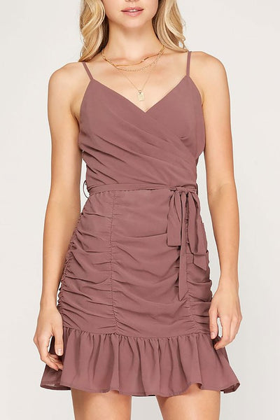Mauve Sleeveless Surplice Rouched