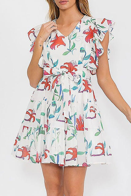 Ruffle Sleeve Tie Front Floral Dress