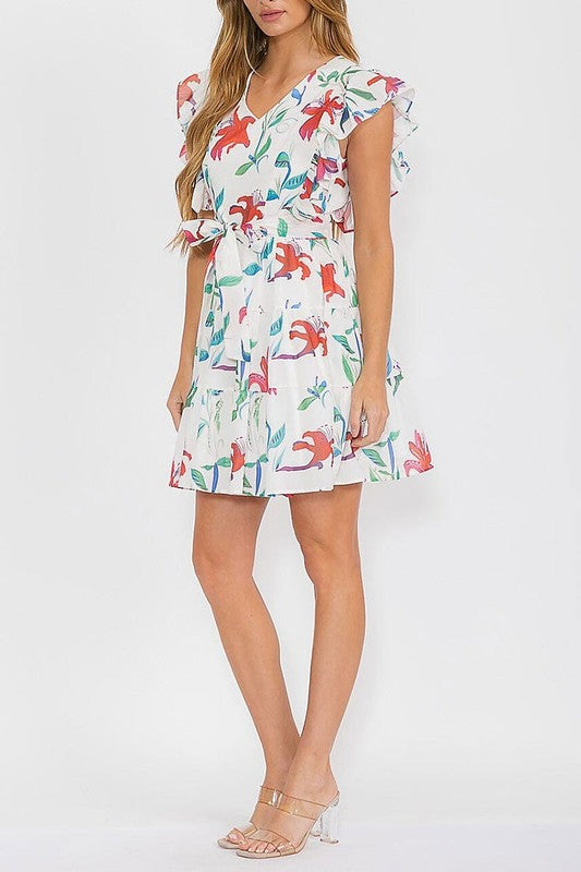Ruffle Sleeve Tie Front Floral Dress