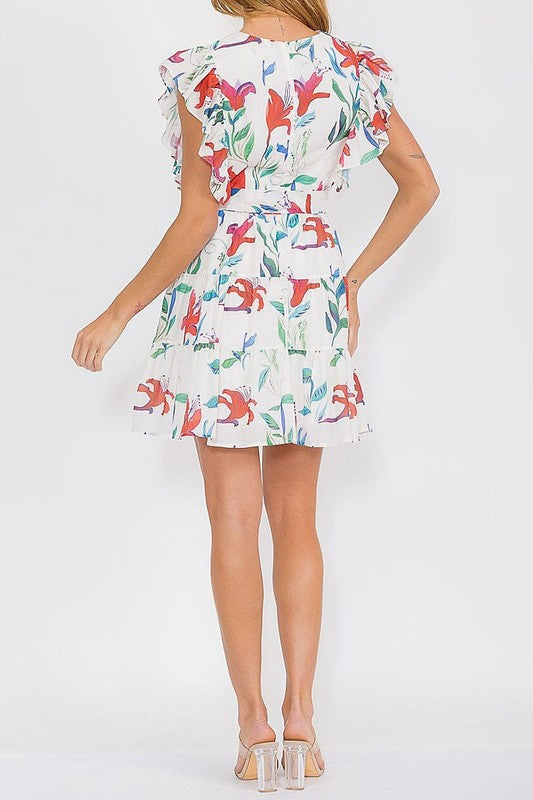 Ruffle Sleeve Tie Front Floral Dress