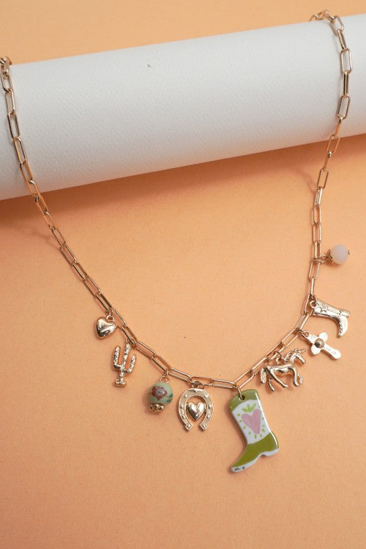 Western Boot Horse Cross Charm Necklace