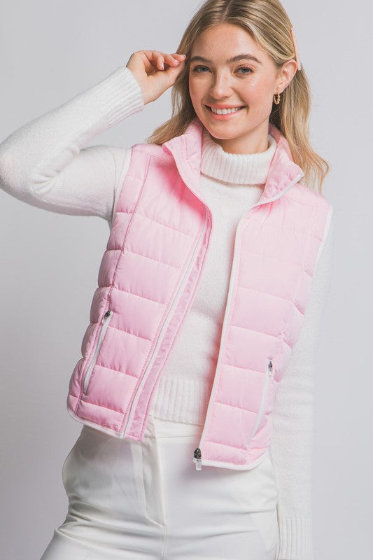 Pink Contrast Trim Puff Vest