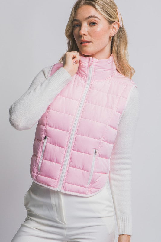 Pink Contrast Trim Puff Vest