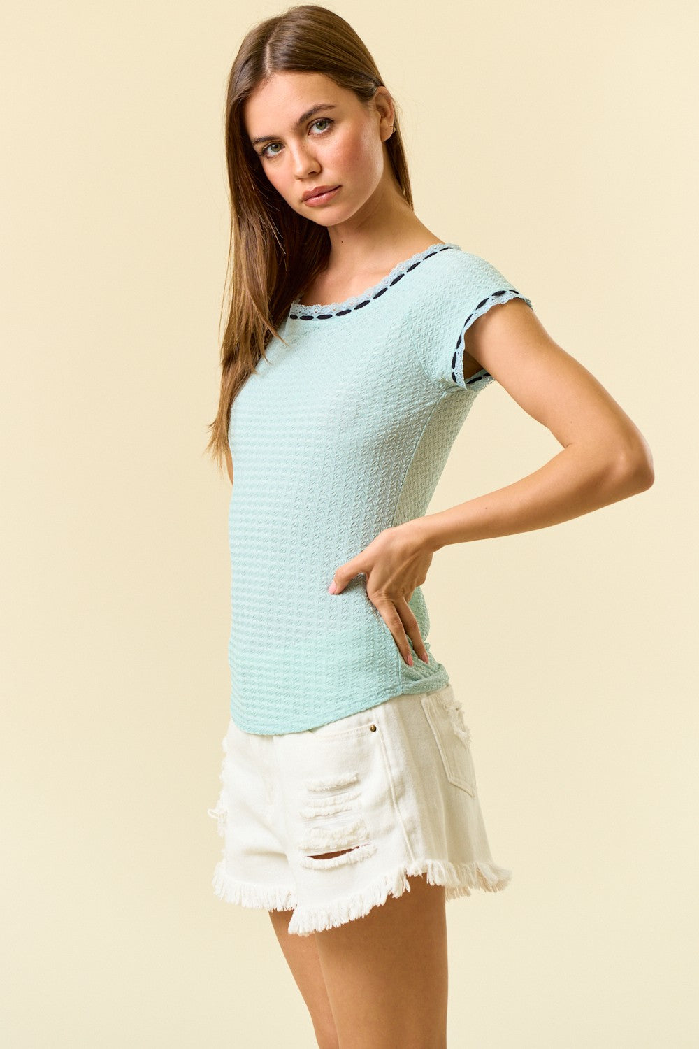 Sage SS Lace Detail Top