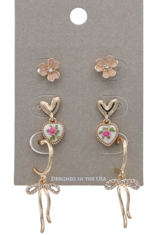 Assorted Flower Heart Bowtie Hoop Earring Set