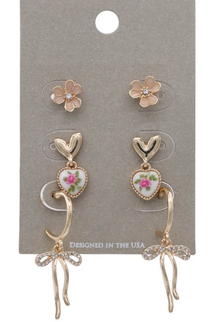Assorted Flower Heart Bowtie Hoop Earring Set