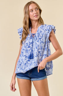 Blue Abstract V-neck Double Ruffle Top