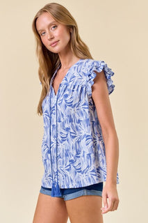 Blue Abstract V-neck Double Ruffle Top