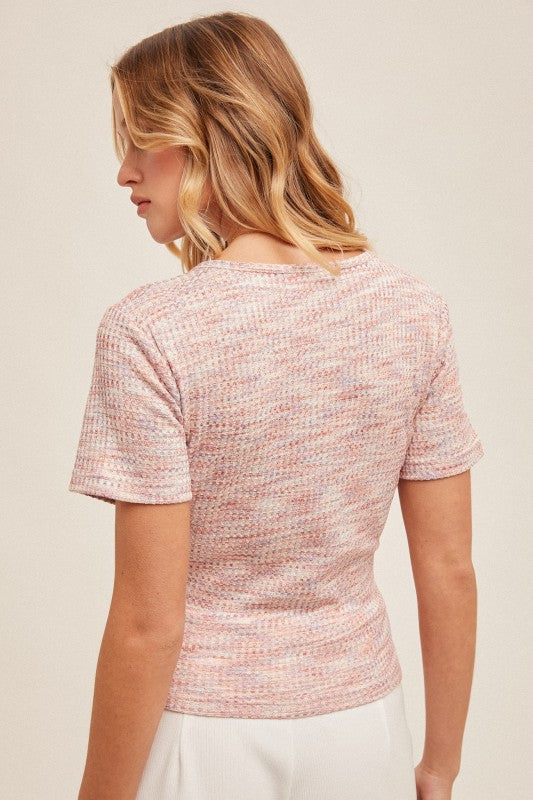 Surplice Short Sleeve Multi Color Knit Top