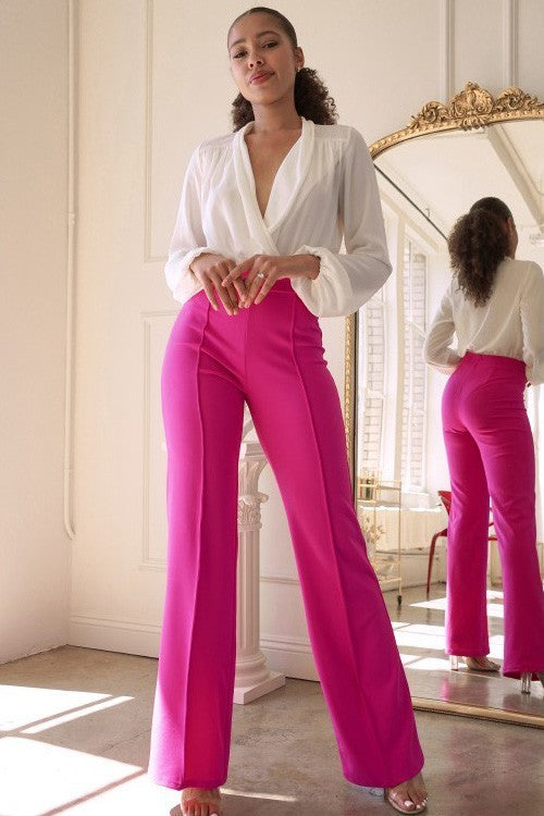 Fuchsia High Waist Pintuck Front Pants