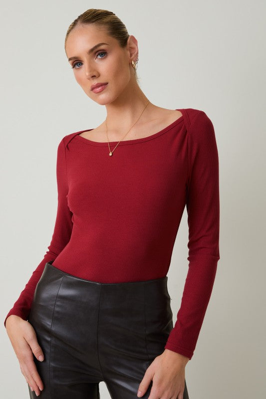 Cranberry Boat Neck Rib Bodysuit-Market Grey Boutique